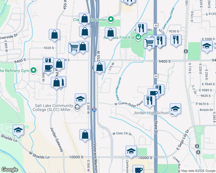 map of restaurants, bars, coffee shops, grocery stores, and more near 9551 Brandy Creek Drive in Sandy