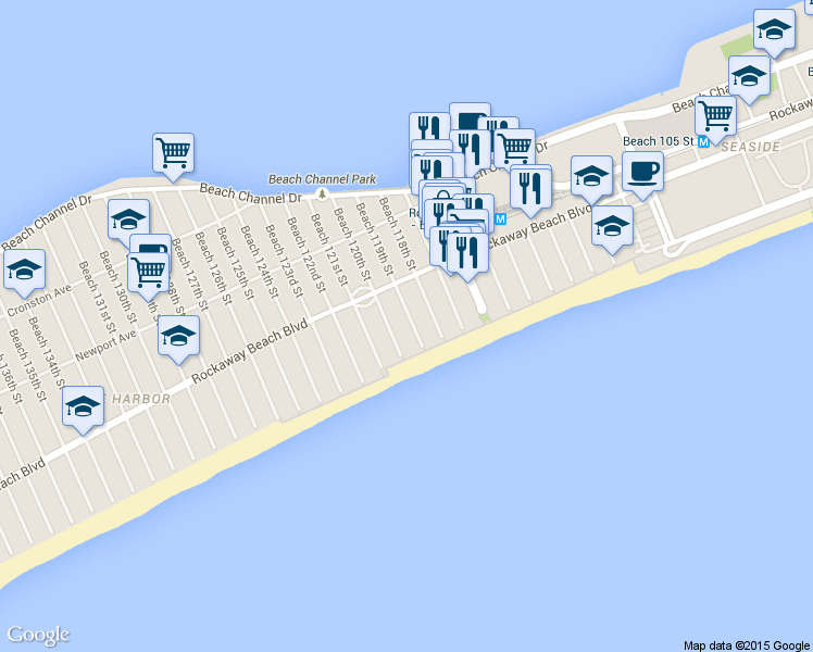 map of restaurants, bars, coffee shops, grocery stores, and more near 162 Beach 119th Street in Queens