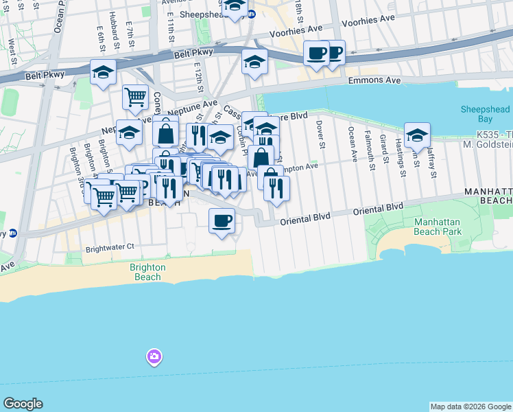 map of restaurants, bars, coffee shops, grocery stores, and more near 150 Corbin Place in Brooklyn