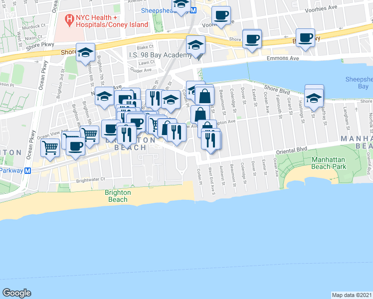 map of restaurants, bars, coffee shops, grocery stores, and more near 150 Corbin Place in Brooklyn