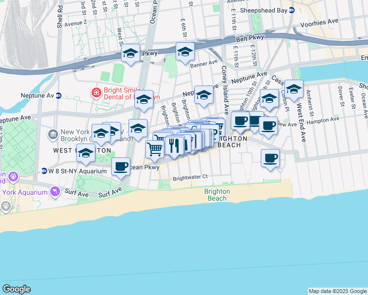 map of restaurants, bars, coffee shops, grocery stores, and more near 3053 Brighton 4th Street in Brooklyn