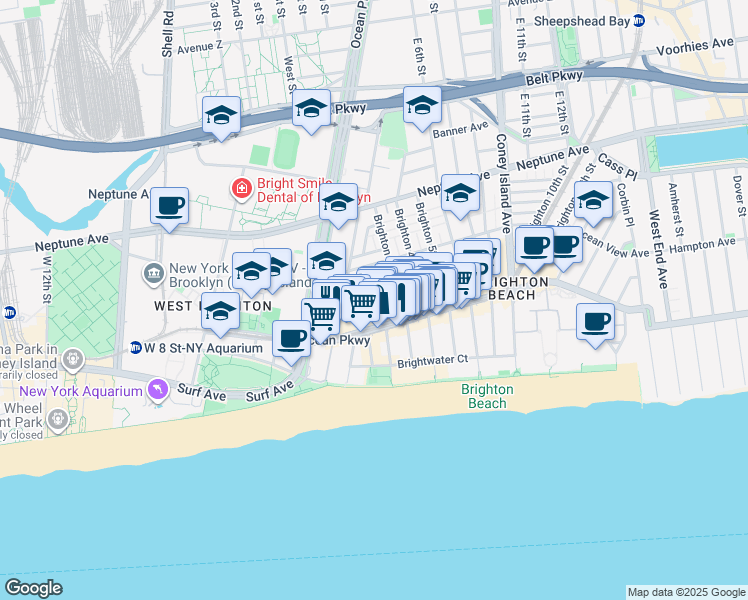 map of restaurants, bars, coffee shops, grocery stores, and more near 3040 Brighton 3rd Street in Brooklyn