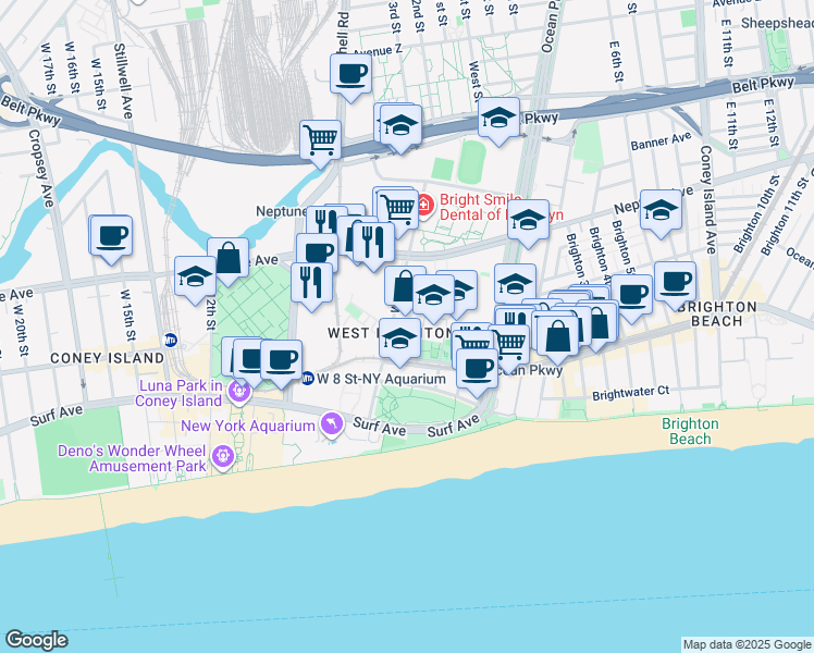 map of restaurants, bars, coffee shops, grocery stores, and more near 2925 West 5th Street in Brooklyn