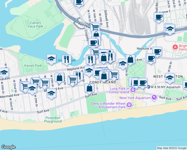 map of restaurants, bars, coffee shops, grocery stores, and more near 2825 West 19th Street in Brooklyn