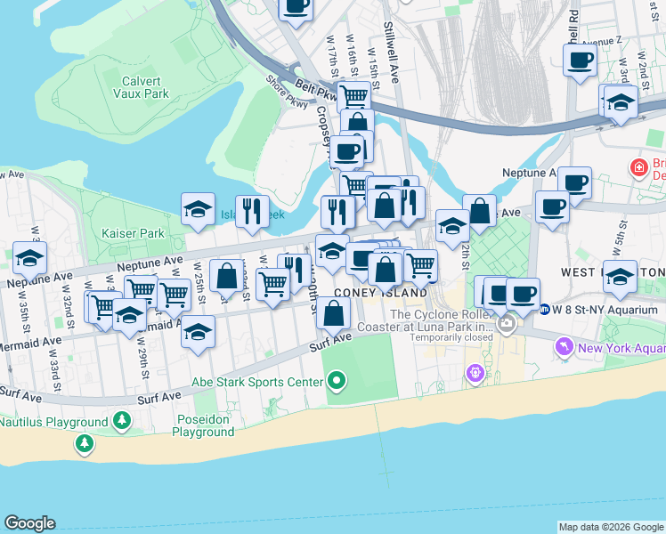 map of restaurants, bars, coffee shops, grocery stores, and more near 2825 West 19th Street in Brooklyn