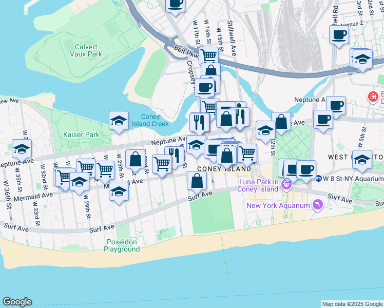 map of restaurants, bars, coffee shops, grocery stores, and more near 2825 West 19th Street in Brooklyn