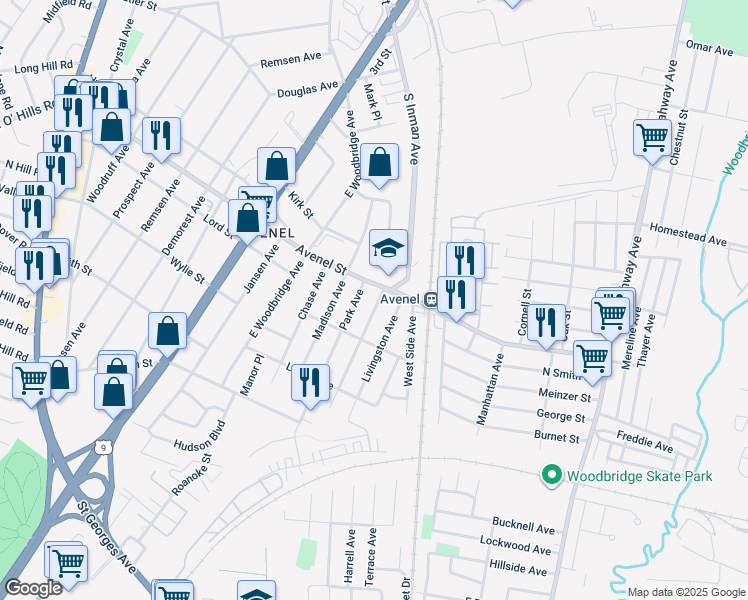 map of restaurants, bars, coffee shops, grocery stores, and more near 229 Avenel Street in Woodbridge Township