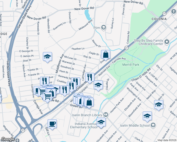 map of restaurants, bars, coffee shops, grocery stores, and more near 4 Warwick Street in Woodbridge Township