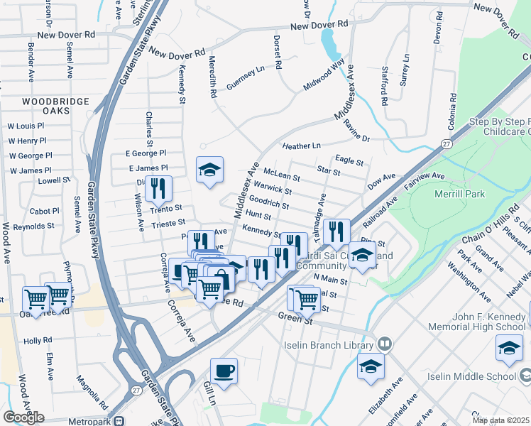map of restaurants, bars, coffee shops, grocery stores, and more near 95 Goodrich Street in Woodbridge Township