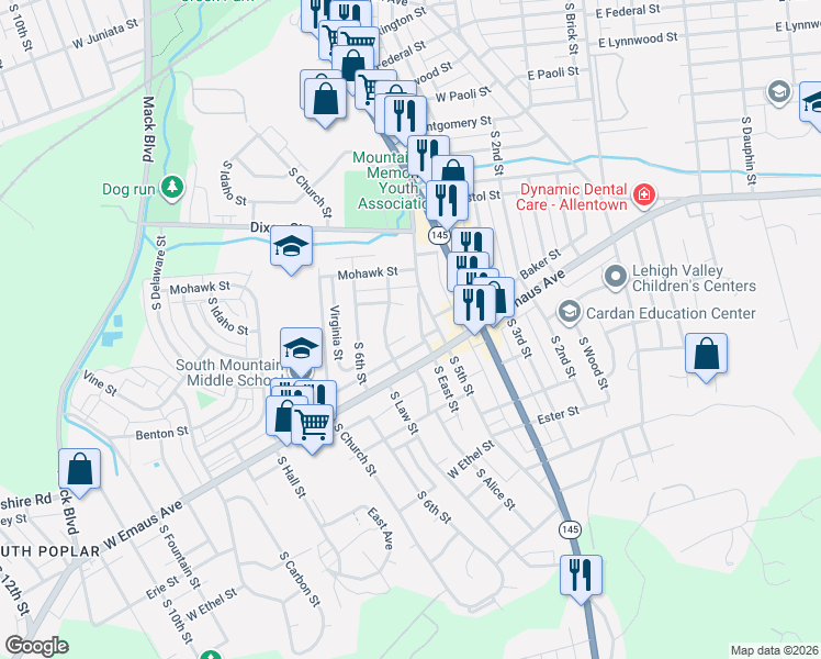 map of restaurants, bars, coffee shops, grocery stores, and more near 530 East Barner Street in Allentown