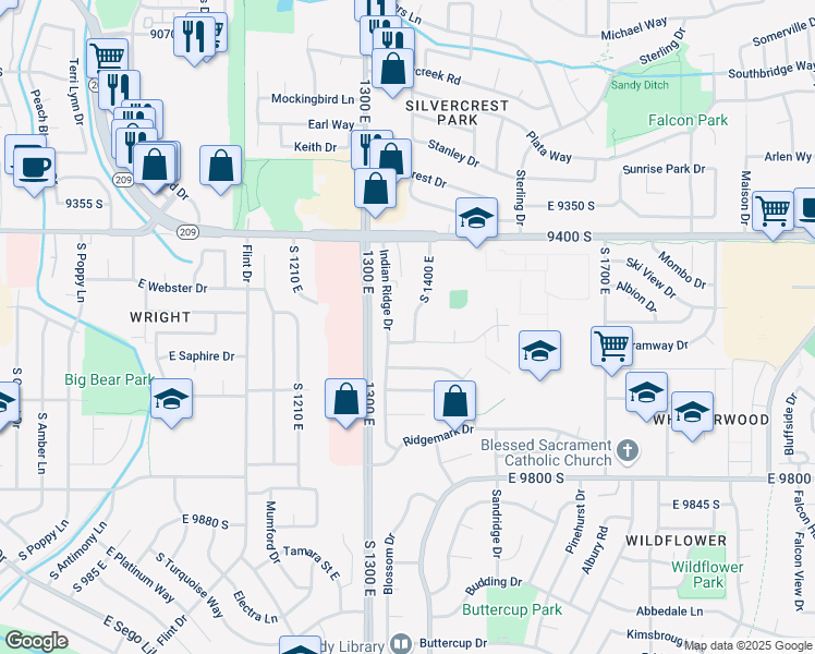 map of restaurants, bars, coffee shops, grocery stores, and more near 9537 Indian Ridge Drive in Sandy