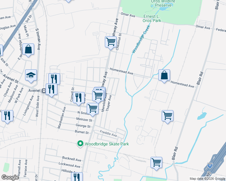map of restaurants, bars, coffee shops, grocery stores, and more near 1055 Thayer Avenue in Woodbridge Township