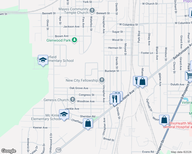 map of restaurants, bars, coffee shops, grocery stores, and more near 614 West Lawn Drive in Marion