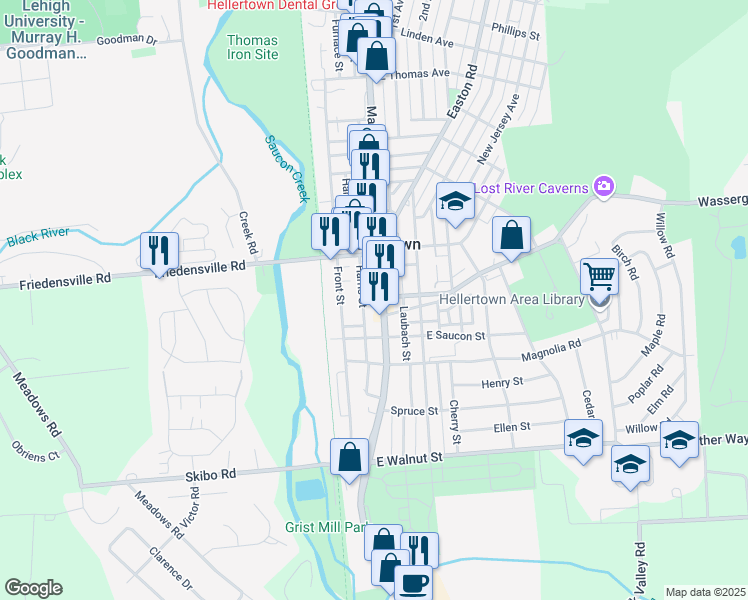 map of restaurants, bars, coffee shops, grocery stores, and more near 605 Main Street in Hellertown