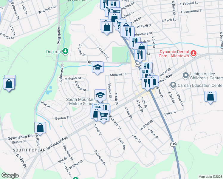 map of restaurants, bars, coffee shops, grocery stores, and more near 1942 Virginia Street in Allentown