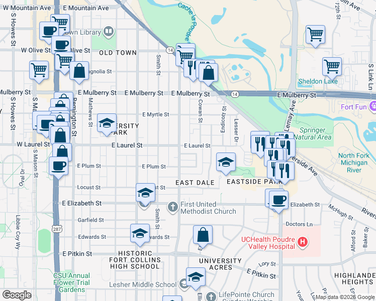 map of restaurants, bars, coffee shops, grocery stores, and more near 760 Eastdale Drive in Fort Collins