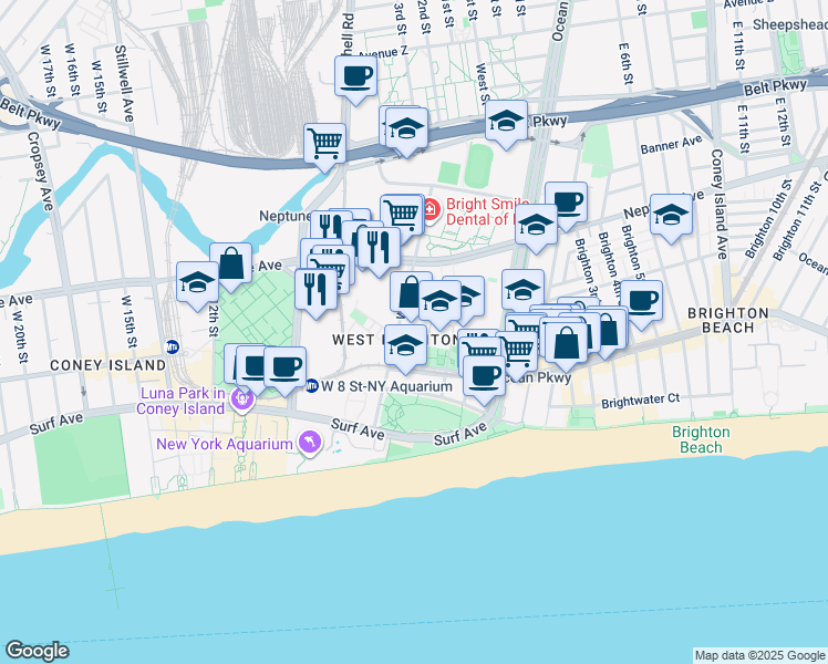 map of restaurants, bars, coffee shops, grocery stores, and more near 2925 West 5th Street in Brooklyn