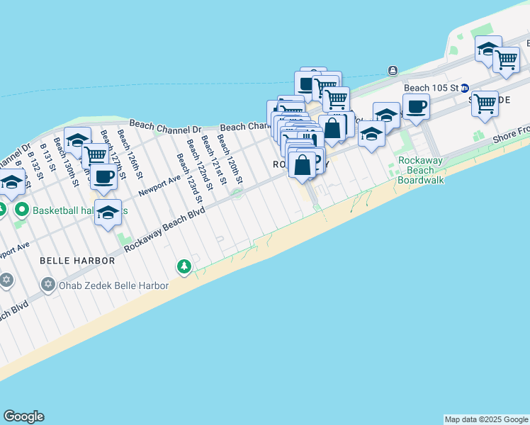 map of restaurants, bars, coffee shops, grocery stores, and more near 162 Beach 119th Street in Queens
