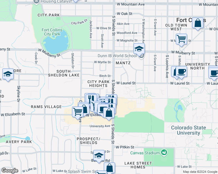 map of restaurants, bars, coffee shops, grocery stores, and more near 705 South Shields Street in Fort Collins