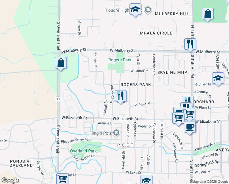 map of restaurants, bars, coffee shops, grocery stores, and more near 808 Rocky Road in Fort Collins