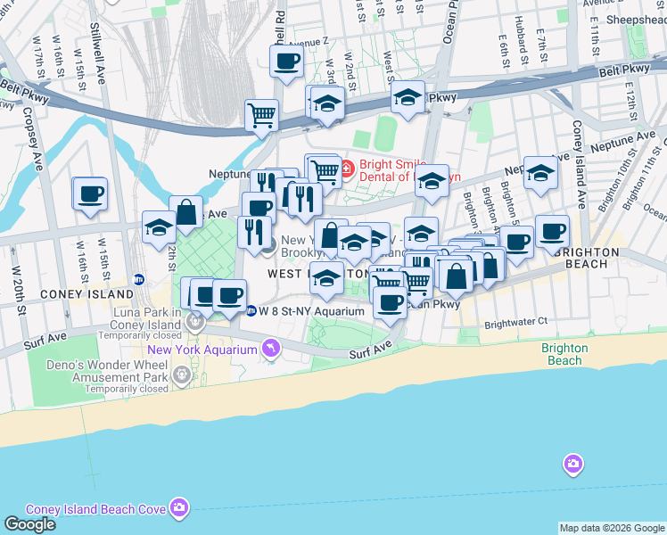 map of restaurants, bars, coffee shops, grocery stores, and more near 2925 West 5th Street in Brooklyn
