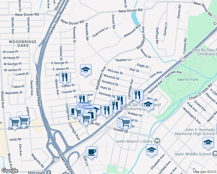 map of restaurants, bars, coffee shops, grocery stores, and more near 95 Goodrich Street in Woodbridge Township