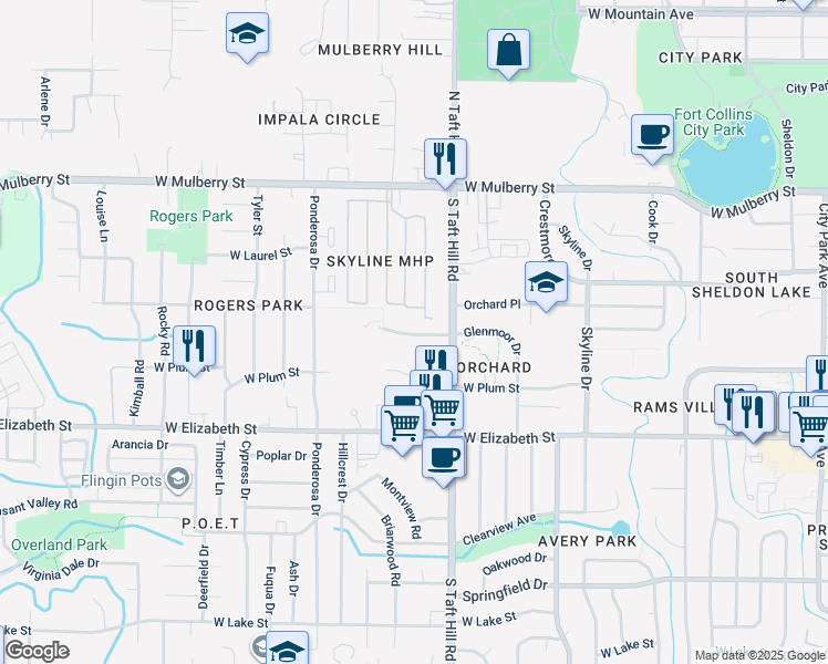 map of restaurants, bars, coffee shops, grocery stores, and more near 2200 Orchard Place in Fort Collins