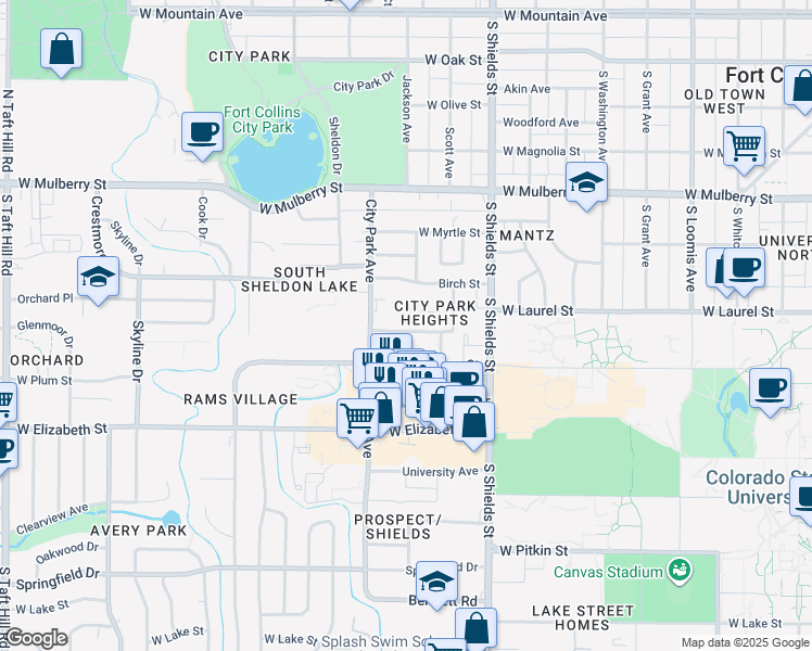 map of restaurants, bars, coffee shops, grocery stores, and more near 710 City Park Avenue in Fort Collins