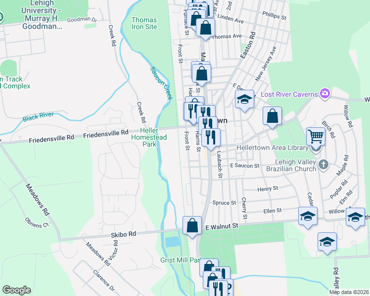 map of restaurants, bars, coffee shops, grocery stores, and more near 468 Front Street in Hellertown