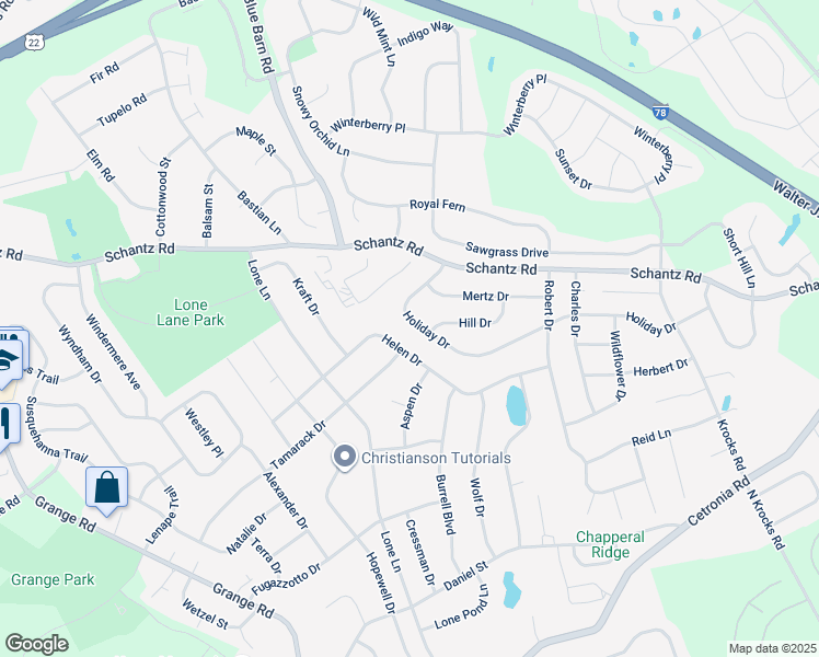 map of restaurants, bars, coffee shops, grocery stores, and more near 5910 Holiday Drive in Allentown