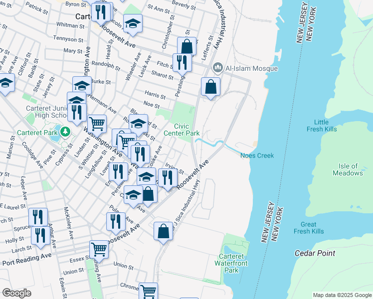 map of restaurants, bars, coffee shops, grocery stores, and more near 88 Locust Street in Carteret