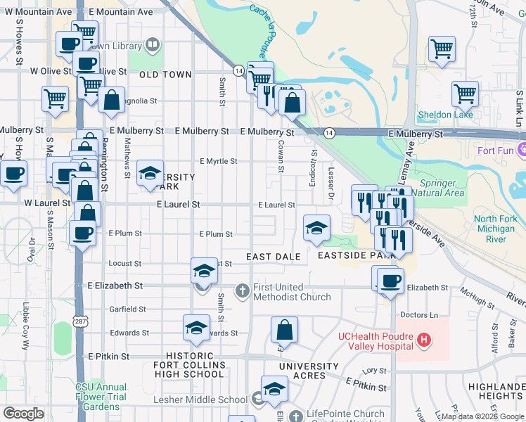 map of restaurants, bars, coffee shops, grocery stores, and more near 760 Eastdale Drive in Fort Collins