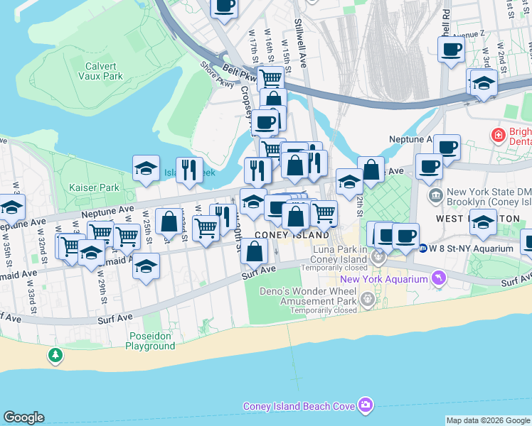 map of restaurants, bars, coffee shops, grocery stores, and more near 2825 West 19th Street in Brooklyn