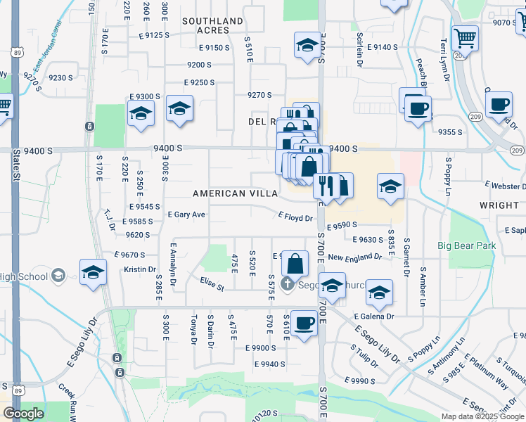 map of restaurants, bars, coffee shops, grocery stores, and more near 568 East Floyd Drive in Sandy