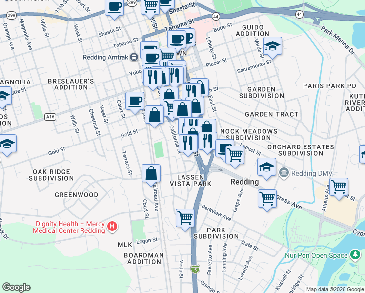 map of restaurants, bars, coffee shops, grocery stores, and more near 2141 California Street in Redding