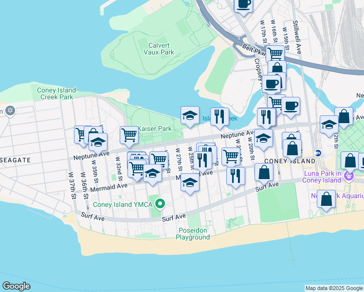 map of restaurants, bars, coffee shops, grocery stores, and more near 2516 Neptune Avenue in Brooklyn