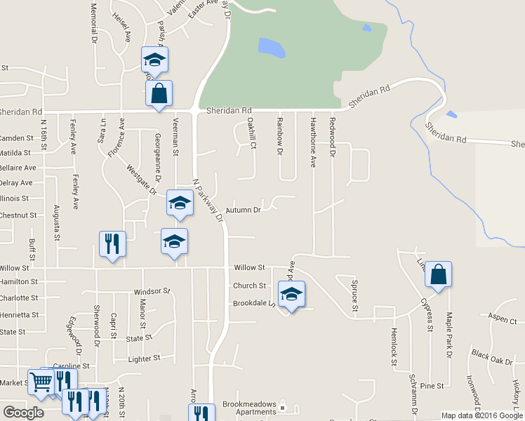 map of restaurants, bars, coffee shops, grocery stores, and more near 2223 Autumn Drive in Pekin