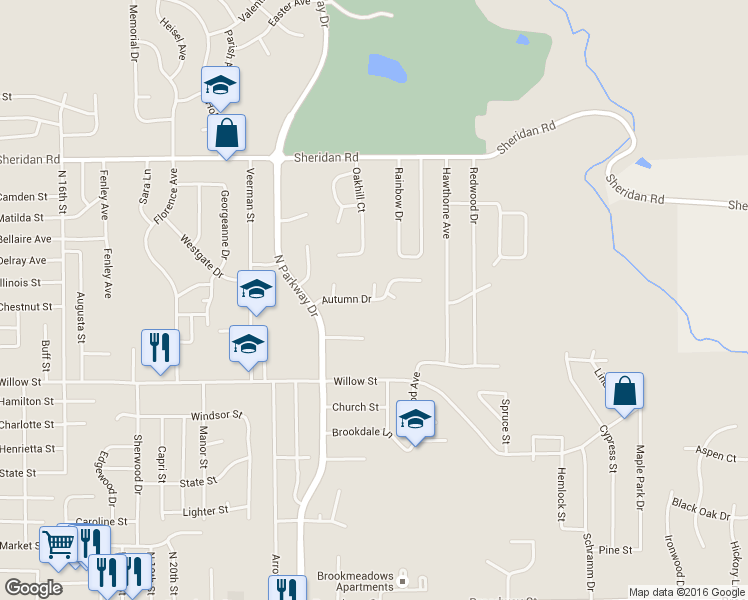 map of restaurants, bars, coffee shops, grocery stores, and more near Autumn Drive in Pekin