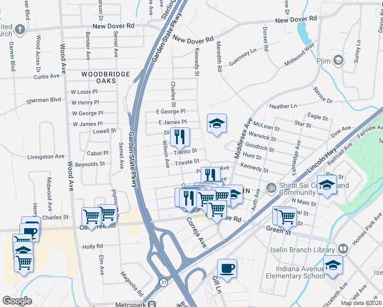map of restaurants, bars, coffee shops, grocery stores, and more near 21 Trento Street in Woodbridge Township