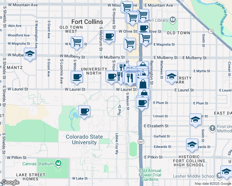 map of restaurants, bars, coffee shops, grocery stores, and more near 291 West Laurel Street in Fort Collins