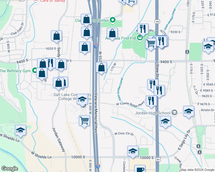 map of restaurants, bars, coffee shops, grocery stores, and more near 9551 Brandy Spring Lane in Sandy