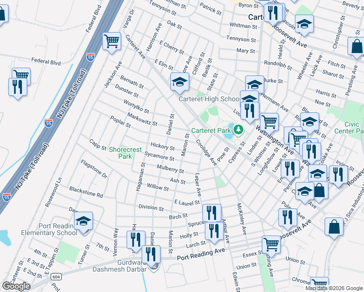 map of restaurants, bars, coffee shops, grocery stores, and more near 93 Marion Street in Carteret