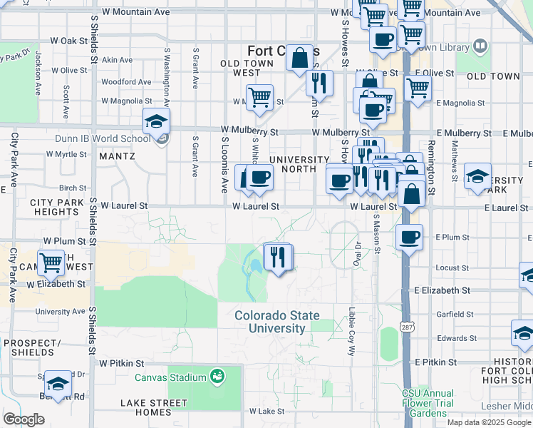 map of restaurants, bars, coffee shops, grocery stores, and more near 523 West Laurel Street in Fort Collins