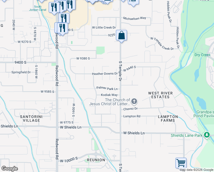 map of restaurants, bars, coffee shops, grocery stores, and more near 1388 Palmer Park Lane in South Jordan