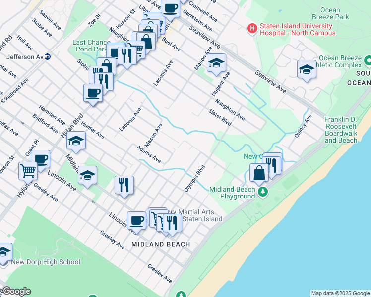 map of restaurants, bars, coffee shops, grocery stores, and more near 11 Grimsby Street in Staten Island