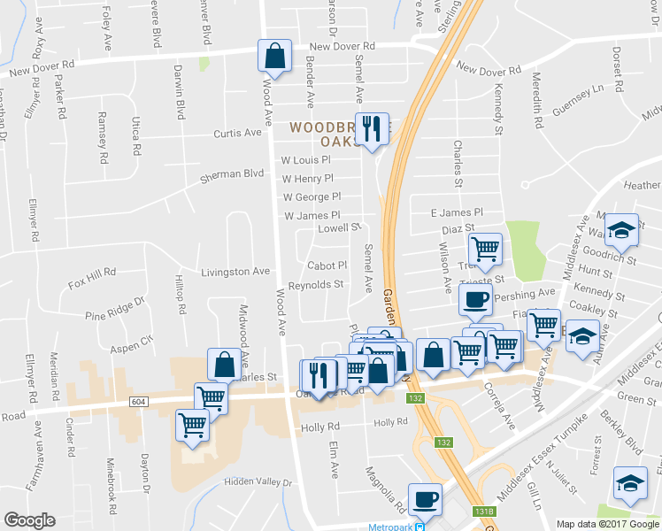 map of restaurants, bars, coffee shops, grocery stores, and more near 20 Cabot Place in Woodbridge Township
