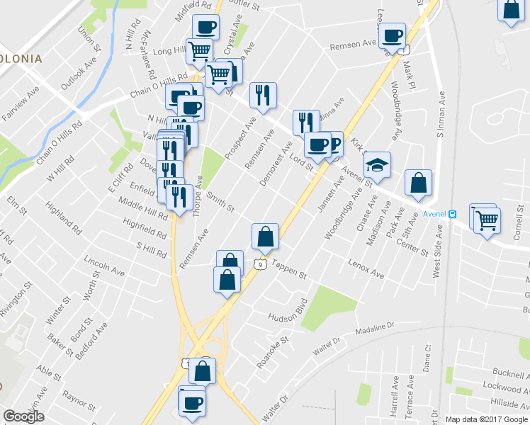 map of restaurants, bars, coffee shops, grocery stores, and more near 133 Minna Avenue in Woodbridge Township