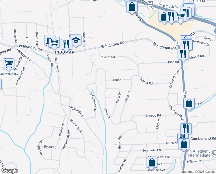map of restaurants, bars, coffee shops, grocery stores, and more near 9460 Doral Drive in Pittsburgh