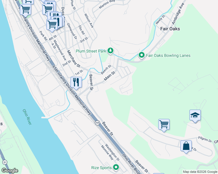 map of restaurants, bars, coffee shops, grocery stores, and more near 29 Main Street in Ambridge
