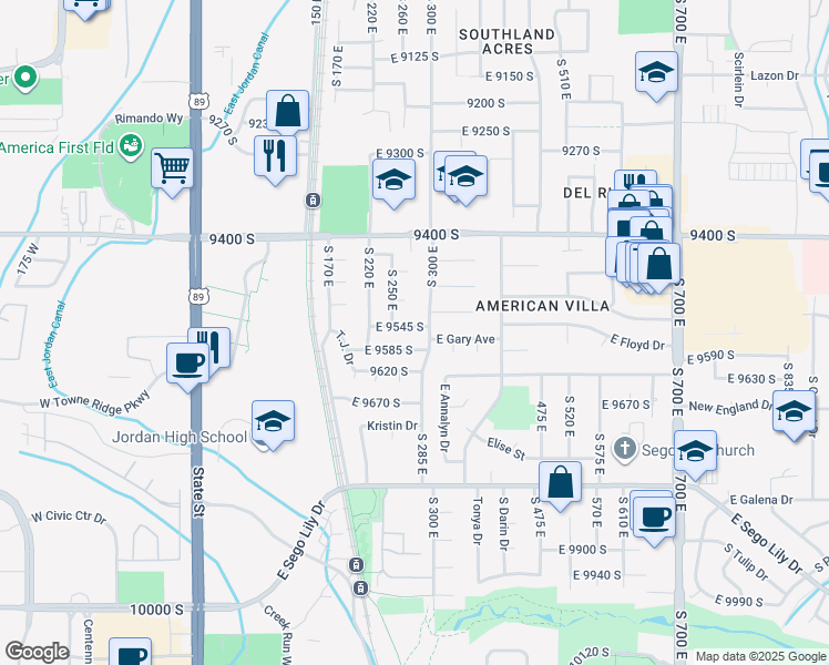 map of restaurants, bars, coffee shops, grocery stores, and more near 282 East 9545 South in Sandy